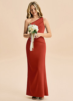 Azazie Akilah Junior Robe Fourreau en Satin extensible Plissée Rouille image4