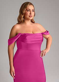 Azazie Saige Bridesmaid Dresses Fuchsia Sheath Off the Shoulder Stretch Satin Dress image14