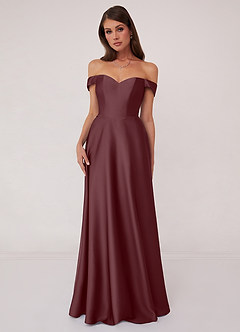 Barbie ♥ Azazie Robes de demoiselle d'honneur Robe Trapèze Convertible en Satin extensible Épaule décolletée Sangria image1
