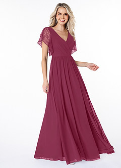 Azazie Zella Brautjungfernkleider A-Linie Spitze Chiffon Kleid Maulbeerrot image3