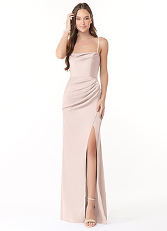 Azazie Leonis Bridesmaid Dresses Blushing Pink Mermaid Pleated Stretch Satin Convertible Dress image1