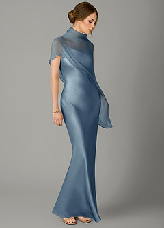 Azazie Jaleesa Vestidos de damas de honor Vestido Azul Polvoriento de Satén Elástico de Corte Recto con Cuello alto image13