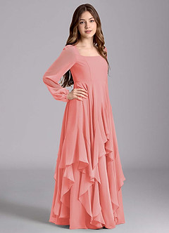 Azazie Clara Junior Abito A-Line in Chiffon Blusa Corallo image4