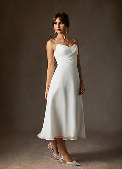 Azazie Kali Wedding Dresses Diamond White A-Line V-Neck Pleated Crinkle Chiffon Dress image4