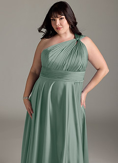 Azazie Charlize Abiti da Damigella Abito A-Line in Raso Elasticizzato Monospalla Salvia Argentata image14