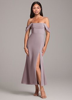 Azazie Saige Robes de demoiselle d'honneur Robe Fourreau Convertible en Mousseline de soie Épaule décolletée Crépuscule image1