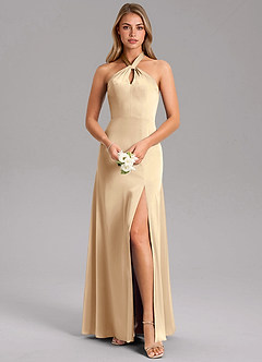 Azazie Tracie Bridesmaid Dresses Champagne A-Line Side Slit Stretch Satin Dress image1