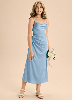 Azazie Mai Junior Powder Blue Sheath Pleated Stretch Satin Dress image5