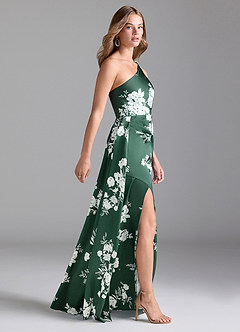 Azazie Maron Bridesmaid Dresses Green Botanicals A-Line One Shoulder Stretch Satin Dress image4