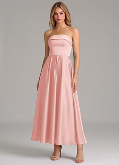 Azazie Lucienne Bridesmaid Dresses Powder Pink A-Line Pleated Stretch Satin Dress image1