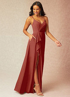 Azazie Kyedae Bridesmaid Dresses Terracotta A-Line V-Neck Pleated Chiffon Dress image3