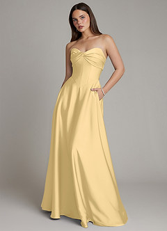 Azazie Meleena Robes de demoiselle d'honneur Robe Trapèze en Satin extensible Sans bretelles Beurre image1