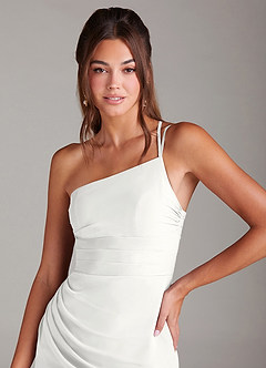 Azazie Eren Vestidos de damas de honor Vestido de Blanco de Gasa de Corte Recto con Hombro unilateral image6