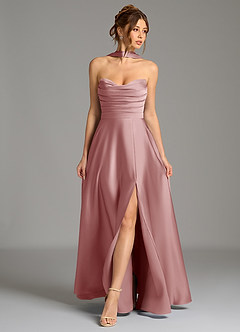 Azazie Ayla Vestidos de damas de honor Vestido de Rosa Polvorienta de Satén Elástico de Corte en A con Corsé image1