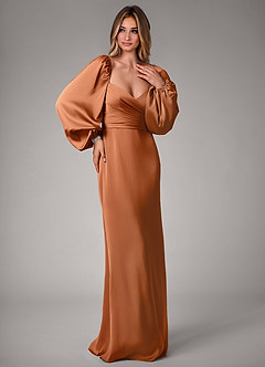 Azazie Sonata Bridesmaid Dresses Copper Sheath Long Sleeve Stretch Satin Convertible Dress image4