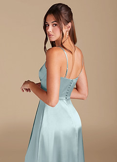 Azazie Halsey Bridesmaid Dresses Mist A-Line Side Slit Metallic Satin Dress image2