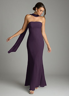 Azazie Saylor Vestidos de damas de honor Vestido de Ciruela de Gasa de Corte Sirena con Sin tirantes image7