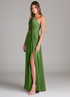Azazie Brooke Vestidos de damas de honor Vestido de Albahaca de Satén Elástico de Corte en A con Hombro unilateral image6