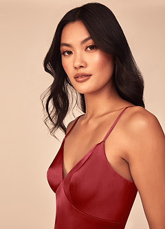 Azazie Dottie Bridesmaid Dresses Pomegranate A-Line Stretch Satin Dress image6
