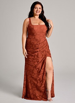 Azazie Mero Abiti da Damigella Abito Tubino in Burnout Floreale Plissettato Auburn image10