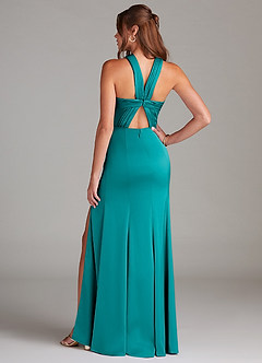 Azazie Rue Bridesmaid Dresses Teal A-Line Pleated Stretch Satin Dress image7