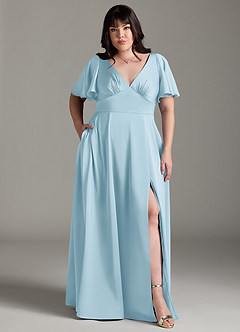 Azazie Kimber Robes de demoiselle d'honneur Robe Trapèze en Satin extensible Rayé Bleu Ciel image7