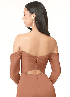 Azazie Hallie Bridesmaid Dresses Bronzer Sheath Off-The-Shoulder Long Sleeve Stretch Satin Convertible Dress image7