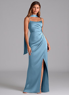 Azazie Calandra Bridesmaid Dresses Steel Blue A-Line Pleated Stretch Satin Dress image3