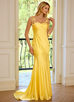 Celandine Amarillo Vestido de fiesta de satén con escote corazón image5