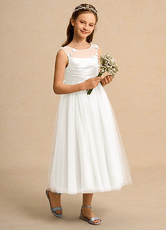 Azazie Snowball Girl Jurken voor bloemenmeisjes Baljurk Jurk van Tule Geplooid Ivoor image6