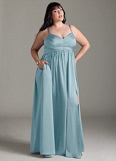 Azazie Alia Bridesmaid Dresses Moody Blue A-Line Pleated Stretch Satin Dress image11