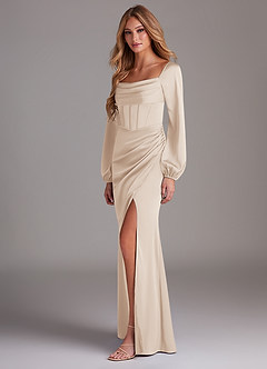 Azazie Charissa Bridesmaid Dresses White Alabaster Sheath Long Sleeve Stretch Satin Dress image5