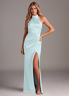 Azazie Jemma Bridesmaid Dresses Sea Glass Sheath Pleated Stretch Satin Dress image1