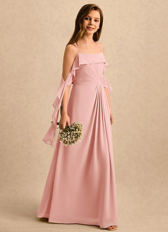 Azazie Ameena Girls Formal Robe Demoiselle D'honneur Fillette Robe Trapèze en Mousseline de soie Drapé Rosette image3