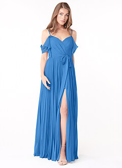 Azazie Lyney Robes de demoiselle d'honneur Robe Trapèze en Mousseline de soie Épaule décolletée Geai Bleu image1