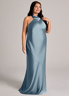 Azazie Velli Abiti da Damigella Abito Sirena in Raso Elasticizzato Collo Alto Blu Polveroso image12