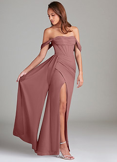 Azazie Amyra Robes de demoiselle d'honneur Robe Fourreau Convertible en Mousseline de soie Épaule décolletée Rose Du Désert image3