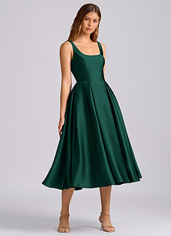 Azazie Amalie Bridesmaid Dresses Emerald A-Line Pleated Stretch Satin Dress image1