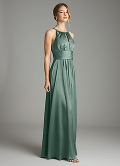 Azazie Bonnie Bridesmaid Dresses Eucalyptus A-Line Pleated Stretch Satin Dress image4