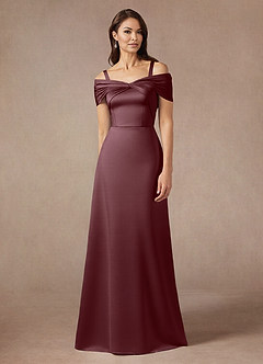 Azazie Amelia Mother of the Bride Dresses Sangria A-Line Off the Shoulder Stretch Satin Dress image5