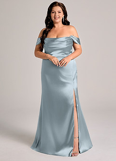 Azazie Saige Bridesmaid Dresses Dusty Blue Sheath Off the Shoulder Metallic Satin Convertible Dress image9