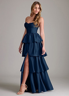 Azazie Faye Bridesmaid Dresses Dark Navy A-Line Ruched Stretch Satin Dress image3