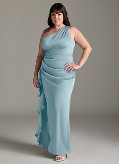 Azazie Latrice Bridesmaid Dresses Moody Blue Sheath One Shoulder Cascading Ruffles Stretch Satin Dress image8