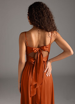 Azazie Zeya Vestidos de damas de honor Vestido de Naranja Quemada de Satén Elástico de Corte en A con Plisado image4