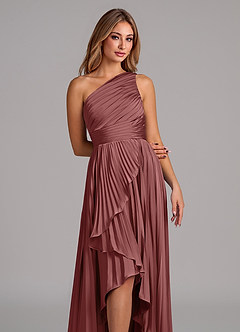 Azazie Lyrica 신부 들러리 드레스 A라인 한쪽 어깨 스트레치 새틴 비대칭 드레스 image7