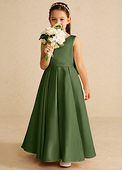 Azazie Pipsy Blumenmädchenkleider A-Linie Schleifen Matte Satin Kleid Olivgrün image5