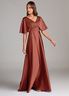 Azazie Pamela Robes de demoiselle d'honneur Robe Trapèze en Satin extensible Plissée Auburn image3