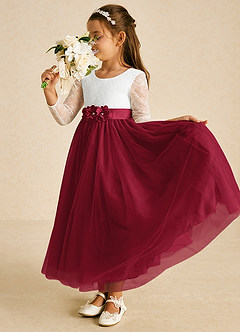 Azazie Mae vestidos de niña de las flores Vestido de Marfil Burdeos de Tul de Corte En A con Lazo image3