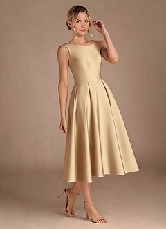 Azazie Fulton Mother of the Bride Dresses Champagne A-Line Pleated Stretch Satin Dress image2