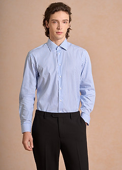 front Aiden White Pale Blue 100% Cotton Non-Iron Striped Dress Shirt